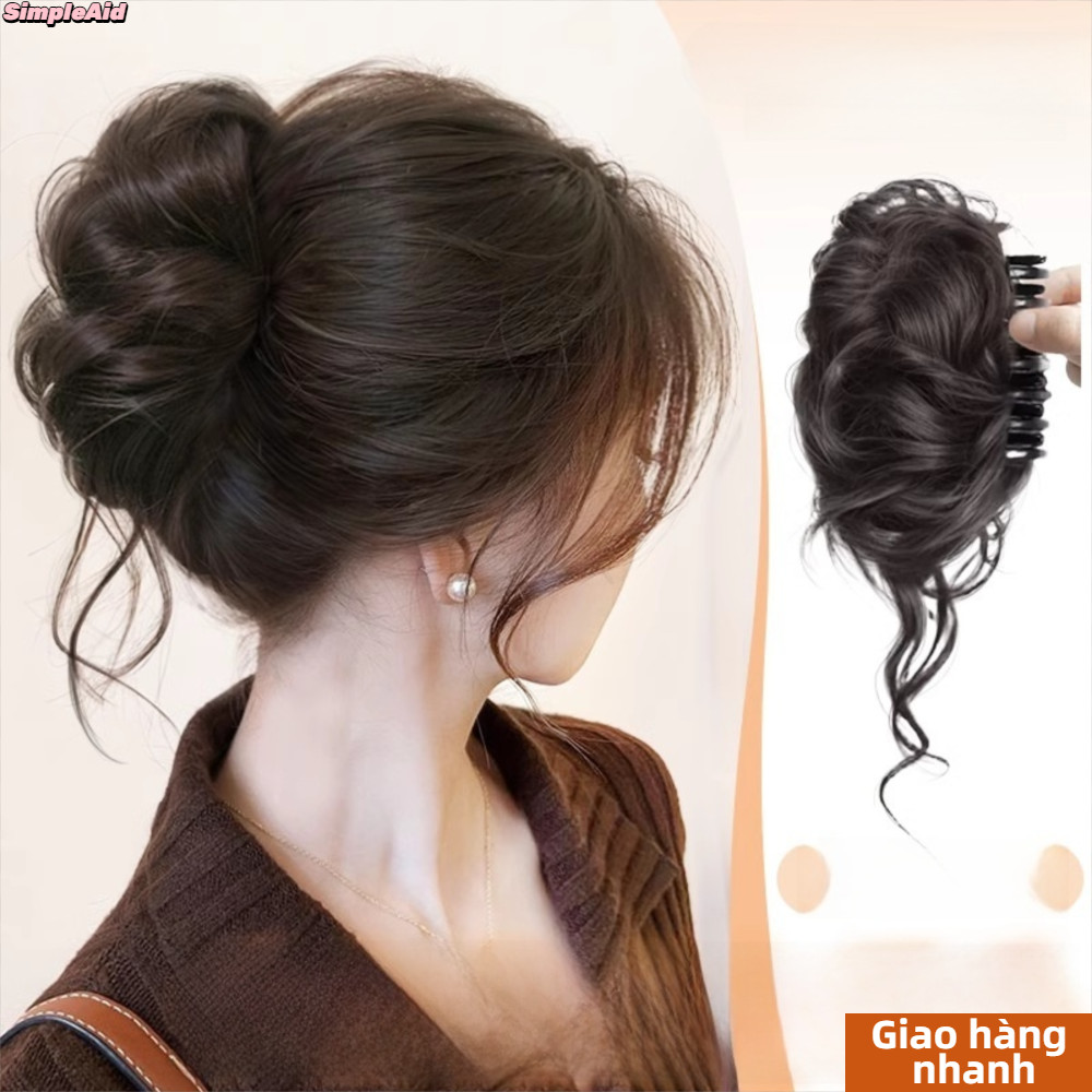 [Vận chuyển nhanh] Bộ tóc giả đầu Bun SIMPLEAID, Kẹp móng vuốt tóc tổng hợp lông tơ, Phụ kiện tóc xoăn màu nâu tự nhiên
