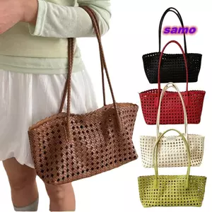 Túi Tote Dệt SAMO, Da PU Có Túi Bên Trong Túi Đeo Vai Rỗng, 25x17x12cm Rỗng Ra Dung Tích Lớn Dây Kéo Ví Bãi Biển
