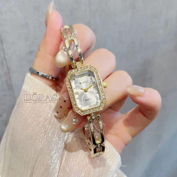 Đồng Hồ Nữ Chính Hãng đồng Hồ đeo Tay Nữ Mặt Chữ Nhật Viền đá Dây Kim Loại Vàng Thanh Lịch Cao Cấp đồng Hồ Nữ LORAS Luxe