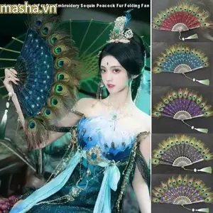 Cheongsam Show Live Fan, Quạt lông công lớn 9 màu 65cm, Chiều dài chất lượng cao: khoảng 35cm Gothic Dance Hand Fan Trang trí tiệc cưới