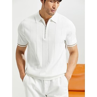 Ánh Sáng Hàn Quốc Sang Trọng Dệt Kim Băng Lụa POLO Áo Sơ Mi Nam Ánh Sáng Trưởng Thành Phong Cách Nửa Dây Kéo Ve Áo Nửa Tay Ôm Phù Hợp Với Quần Áo Áo Paul Áo Sơ Mi Hợp Thời Trang