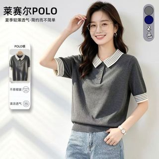 Phong Cách Hàn Quốc Đi Lại Màu Xanh Hải Quân Cổ POLO Phong Cách Mỏng Dệt Kim Tay Ngắn Nữ Thiết Kế Mùa Hè Rời Top