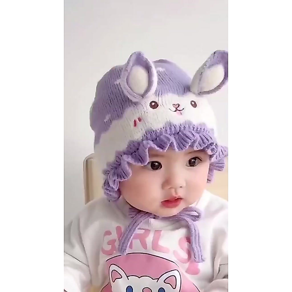 Mũ Len Bèo Hình Thỏ siêu cute 2 Lớp Xinh Xắn Dễ Thương Cho Bé Gái 3-24m