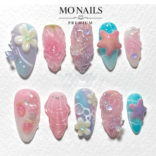 (Mua 1 Tặng 1) Nailbox Thiết Kế, Móng Úp, Móng Tay Giả Sao Biển Hoa Nổi Ombre Nhiều Màu Pastel P03