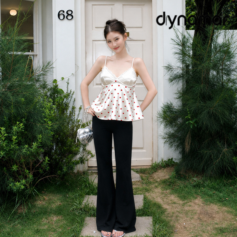 【dynamar】Áo hai dây chấm bi, phối ren chất lụa mỏng mát có dây điều chỉnh