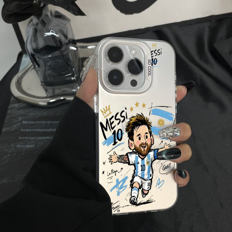 Ốp lưng iPhone hoạt hình họa tiết Messi phủ kim loại IMD iP 17 16 15 14 13 12 11 Pro Max Plus X Max 7 8 Plus Air