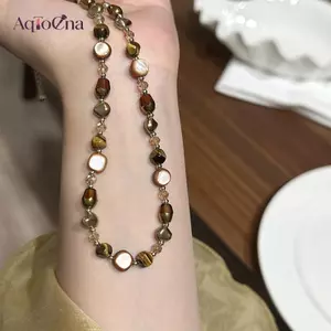 AqToCna Vintage Nâu Tự Nhiên Hổ Mắt Đá Choker Nelace Dành Cho Nữ Hợp Thời Trang Handmade Đính Hạt Dây Chuyền Nelace Trang Sức Quà Tặng AqToCna