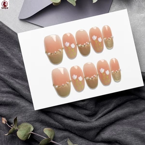 Bộ 10 móng tay giả hình oval ngắn, vẽ tay 3D hoa tulip, màu nude hồng, nhựa resin cao cấp, dùng cho công sở, hẹn hò, dự tiệc, cưới