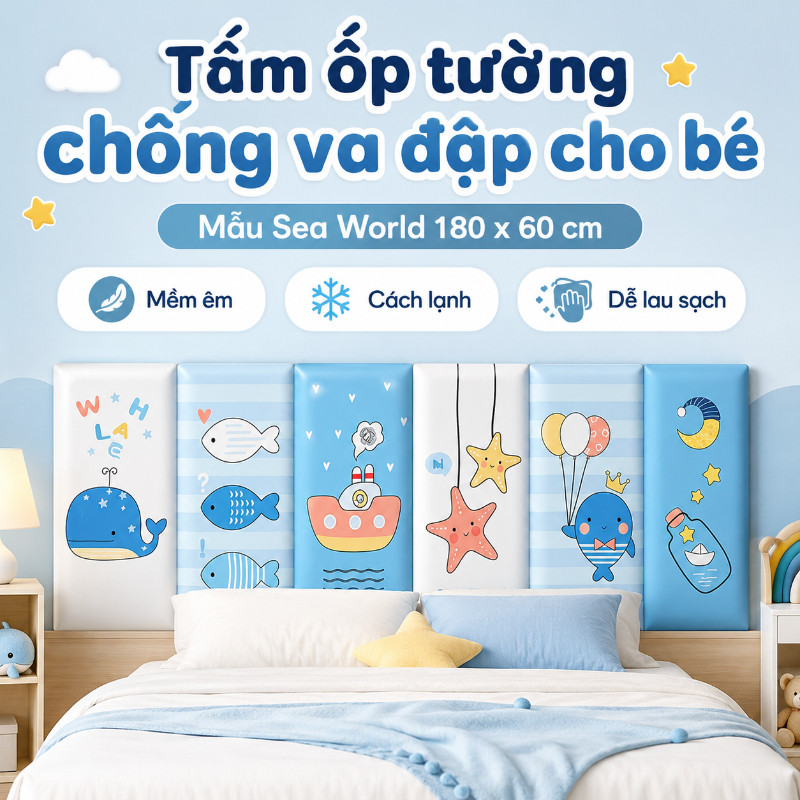 Xốp Dán Tường 3D Chống Va Đập Cho Bé 6Pcs 180x60cm, Tấm Lót Đầu Giường Trang Trí Phòng Ngủ