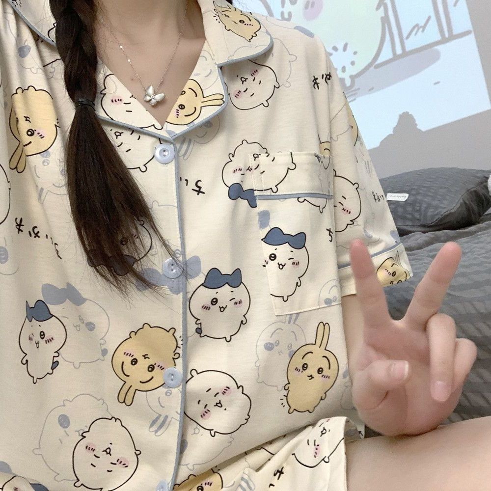 Nhật Bản Dễ Thương Jiikawa Bộ Đồ Ngủ Nữ Tay Ngắn Hoạt Hình Usaki Xiaobake Mặc Bên Ngoài Homewear Phù Hợp Với