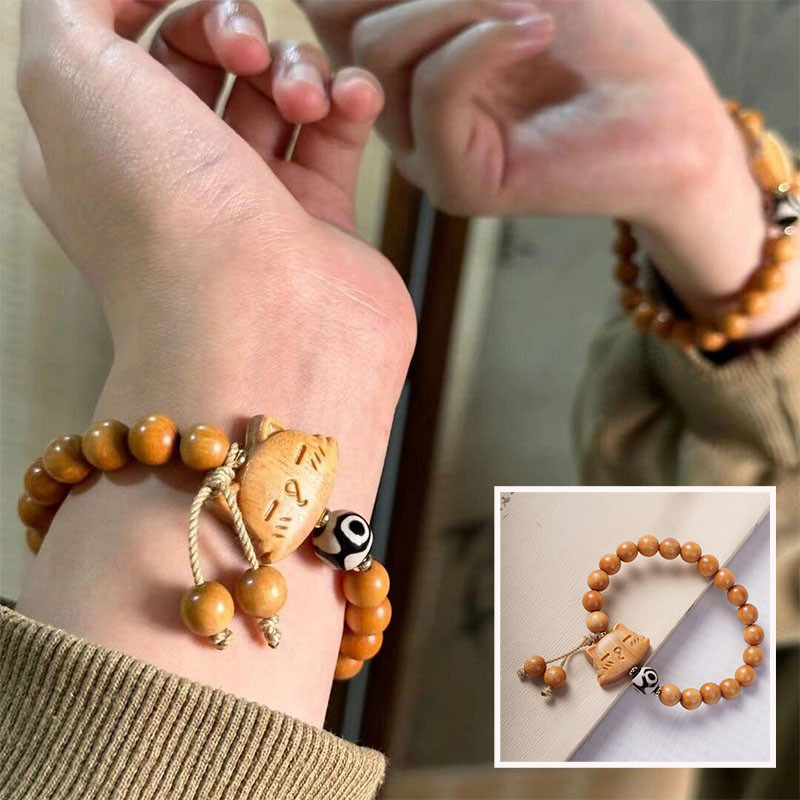 Vòng tay gỗ hình mèo hoạt hình đơn giản, đính hạt - phụ kiện thời trang