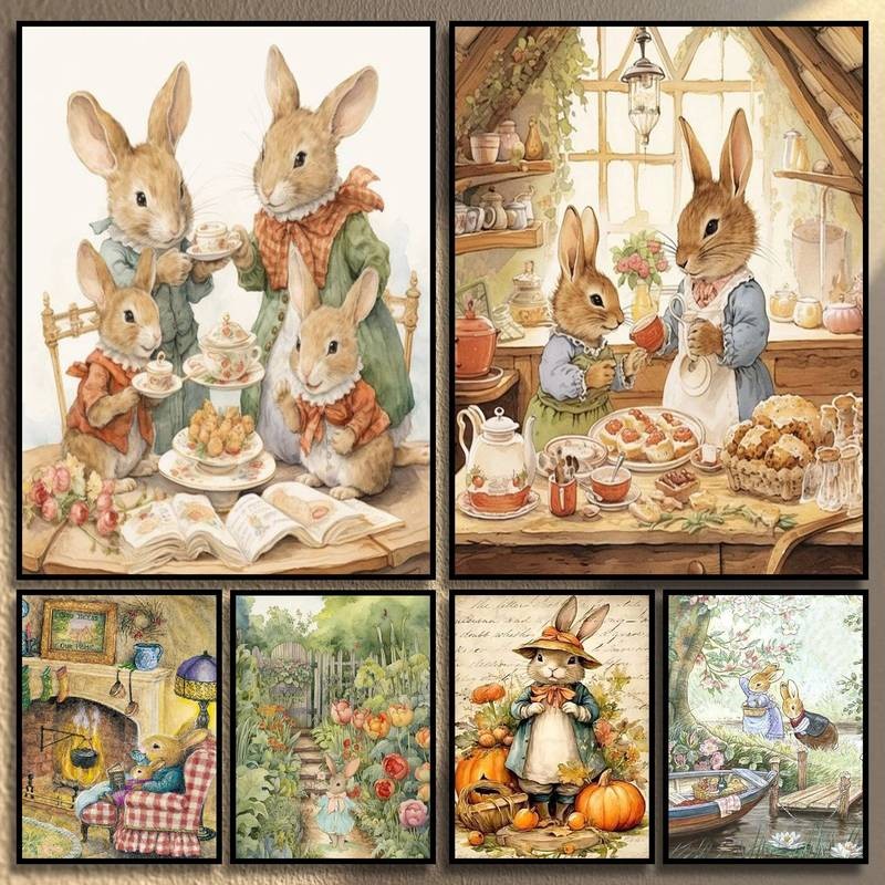 Peter Thỏ Whimsical Bunny Vintage Cảnh Canvas Tranh Nghệ Thuật Nhà Trang Trí Tường Canvas Poster