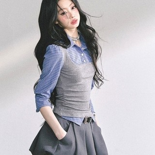 Áo sơ mi và váy giả hai mảnh bộ đồ hotgirl kẻ sọc cho thu đông 2025