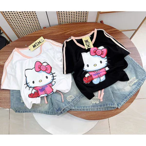 Bộ quần áo bé gái 6-15 tuổi, Set áo cotton Kitty quần sooc bò jean cho bé gái 15-45kg