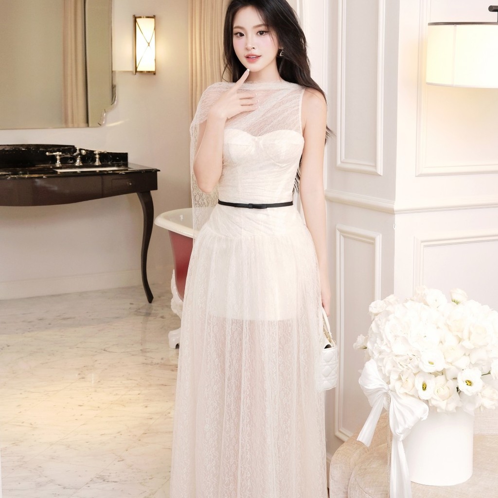 Đầm lưới kem form xòe bồng Khiết Fashion thiết kế thả dây lơi mềm mại phong cách tiểu thư sang trọng KD322