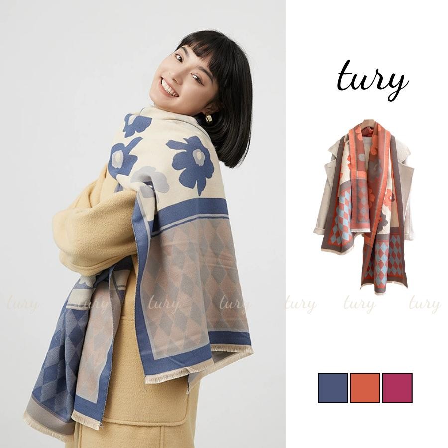 Khăn Quàng Cổ Len Unisex Nam Nữ - Tury - Khăn Len Choàng Cổ Phối Bông Hoa - LN088