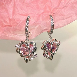 Bông tai Zircon hình trái tim hồng mới