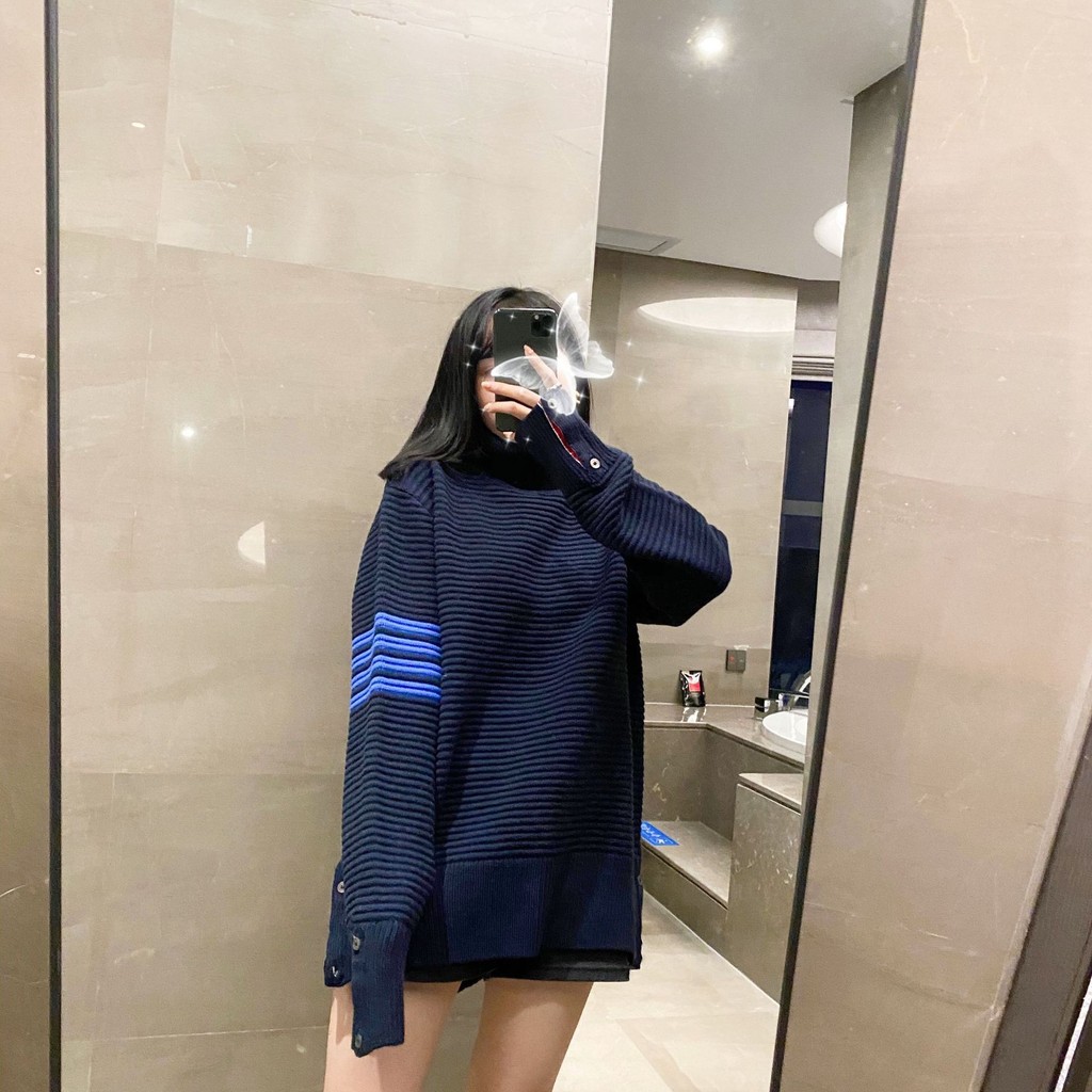 thombrowne 8879High Neck Striped Sweater Knitted High Neck Pullover Fashion Slim Round Neck Cotton Elegant Commuter Knitwear