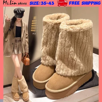 [Ms.LIN] SIZE35-43, Giày Nữ Size Lớn, Giày Bốt Tuyết Đế Dày, Giày Lót Lông Cừu Chống Thấm Nước Giày Giữa Ống Nữ, Giày Bốt Nữ, Giày Bốt Mùa Đông Nữ