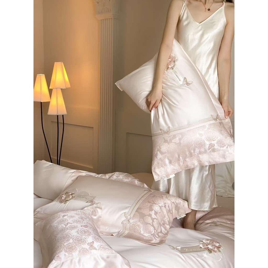 Bộ chăn ga gối Tencel cao cấp mềm mượt MemMinbedding Luxury họa tiết thêu hoa bướm tinh tế sang trọng - L41648