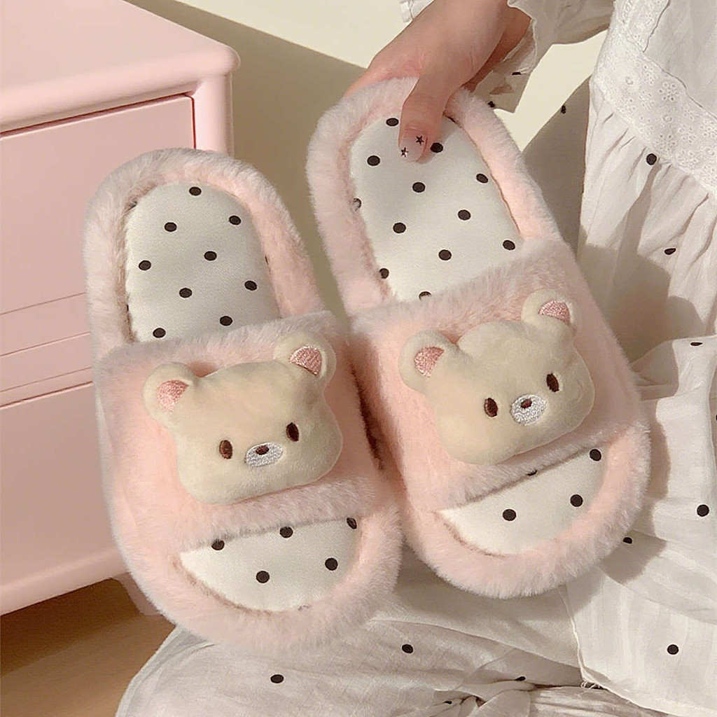 XIXITIAO Dép Cotton Sang Trọng Dễ Thương Chấm Bi Gấu Nữ Thu Đông Nhà Thoải Mái Phong Cách Hàn Quốc