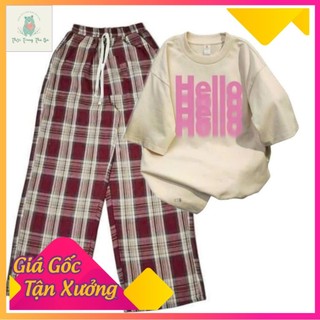 Sét Bộ Quần kẻ caro + mix áo phông form rộng tay lỡ -HELLO-