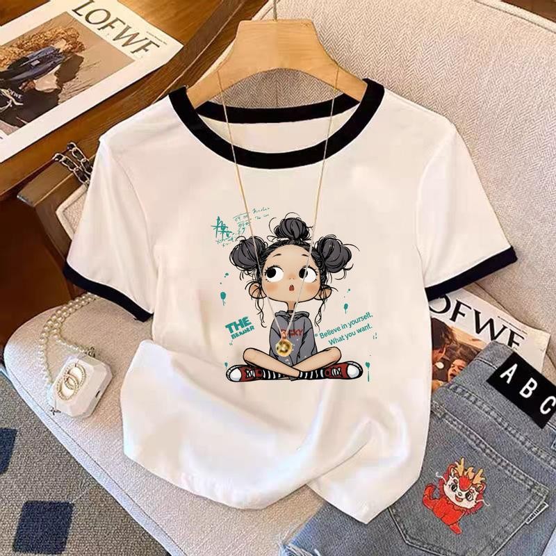 Áo thun cổ tròn ngắn tay in chữ dễ thương cho bé gái mùa hè mới cỡ lớn có thể mặc áo sơ mi cho vay nhiều màu để lựa chọn