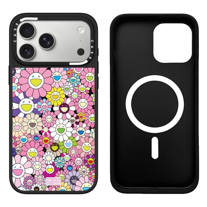 TAKASHI MURAKAMI x CASECASE: FLOWERS BLOOM (HỒNG) Gương đen & mảnh Vỏ iPhone hút từ tính cho iPhone 17 Air 16 15 14 13 12 Pro Max Plus logo khắc