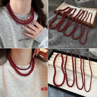 Vòng cổ ngọc trai đỏ cổ điển, thời trang với thủy tinh đính cườm dành cho nữ