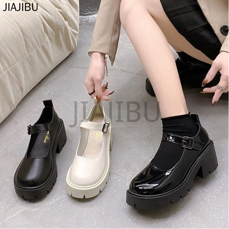 Size 34-43 Giày Da Mũi Tròn Chống Trượt Cổ Điển Phong Cách Đại Học Anh Màu Be/đen Cho Trường Học Đồng Phục JK Nhật Bản Lolita Cỡ Lớn Thường Ngày Dày Cao Gót Cho Nữ Korean Fashion Platform Mary Jane Doll Shoes