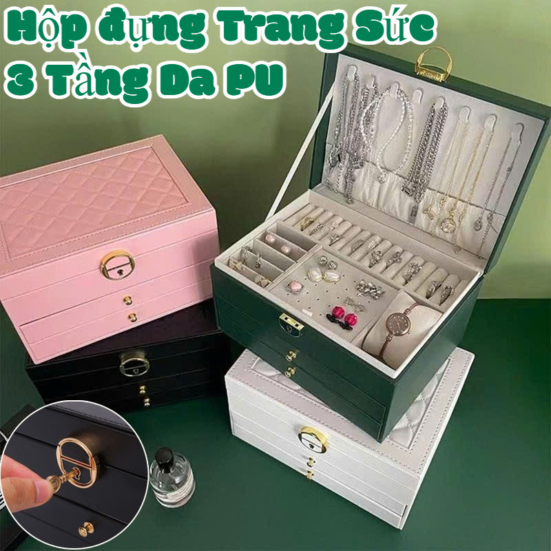 Hộp đựng Trang Sức 3 Tầng Da PU,bọc Da Vân Nổi Có Khoá,Thiết Kế Nhiều Ngăn Đa Năng,Hộp đựng đa Năng