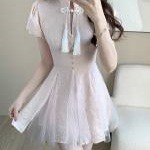 Váy sườn xám ngắn tay hiện đại phong cách Trung Quốc mới dành cho nữ, váy bồng bềnh kiểu tiên nữ thanh lịch ôm dáng