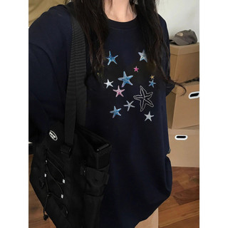 （Giao hàng 24h）Angela Áo phông nữ Xanh navy form rộng mùa hè hàn quốc style áo ngôi sao Angela local brand