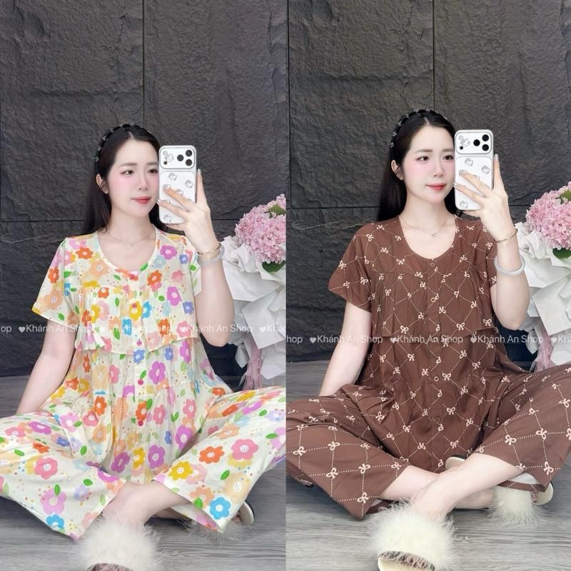 Tole I1 KA191-Fom Gọn Mặc Rộng Lên 1 size - Đồ Bộ Tole Lanh Nữ Áo Tay Ngắn Cổ Tròn Phối Viền Quần 8 Tấc Size 40-75kg E1