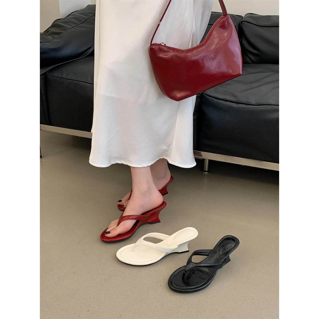 TT Phiên Bản Hàn Quốc Nêm Gót Chân Flip-Flops Nữ Flip-Flops Giày Đi Biển Da Thật Thời Trang Dép Slipp