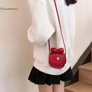 BeautifulHomeA Bé Gái Túi Đeo Ngang Dễ Thương Nơ Pony Thêu Túi Đeo Vai Màu Đỏ Mini Ví Đựng Tiền Xu VN