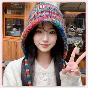 JRP Mới Cầu Vồng Sọc Đan Mũ Bò Nữ Cô Gái Mùa Đông Ấm Áp Móc Bảo Vệ Tai Mũ JRP