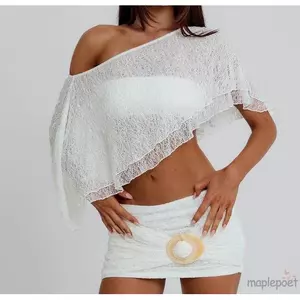 MAPLEPOET-Nữ Sheer Ren Poncho Áo Rời Hai Lớp Cổ Thuyền Che Lên
