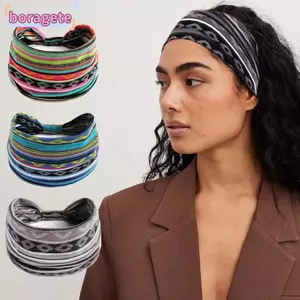 Băng đô rộng BORAGETE, Khăn xếp thắt nút cổ điển co giãn, Khăn trùm đầu in hình ngôi sao rộng Boho dành cho nữ