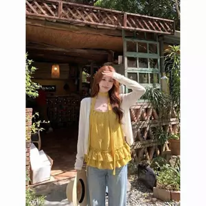Bộ đồ thời trang Màu trơn Tính khí Áo len dài tay chống nắng Top Nữ Mùa hè Bên trong Chấm bi Bộ đồ hai mảnh