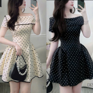 (MỚI) Đầm Nữ Ngắn SIÊU XINH Thiết Kế Trễ Vai Chấm BI Phối Viền Ren THỜI TRANG CỰC ĐẸP K&B FASHION