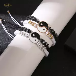 PNPIA- 2 Chiếc Tai Chi Âm Dương Cặp Đôi Vòng Tay Nelaces Bộ Mặt Dây Chuyền Có Thể Điều Chỉnh Bện Dây Chuyền Vòng Tay Phù Hợp Với Người Yêu Vòng Tay Choker