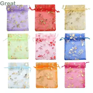 TUYỆT VỜI 20 Cái / lốc Túi Đựng Trang Sức Organza, In Hoa 9x12 13x18cm Túi Đóng Gói Quà Tặng, Túi Bao Bì Bông Tai Trong Suốt Dây Rút
