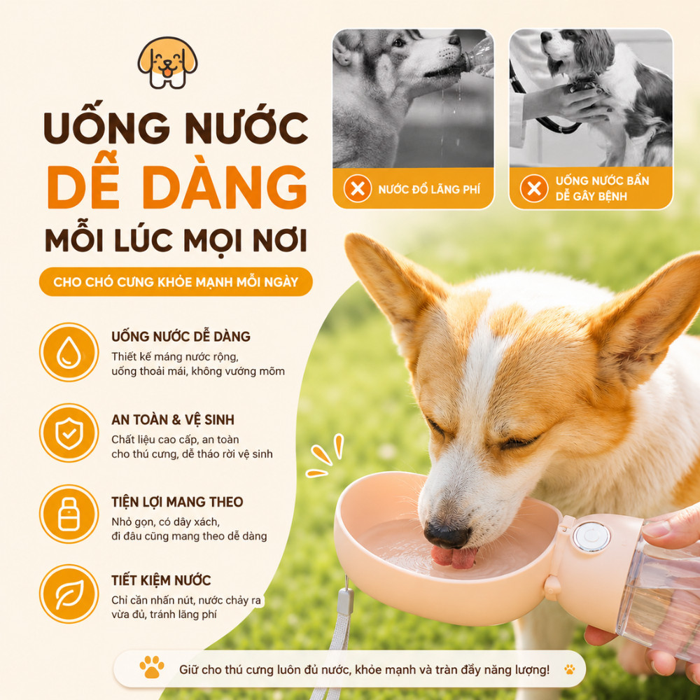Bình Nước Cho Chó Mèo Di Động 2in1 Có Ngăn Đựng Hạt HOMIE, Bình Uống Nước Ngoài Trời Tiện Lợi