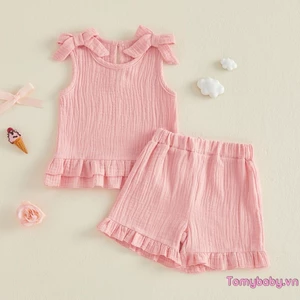 Bộ áo liền quần không tay cho bé gái mới biết đi + nơ vai và trang phục quần short phù hợp