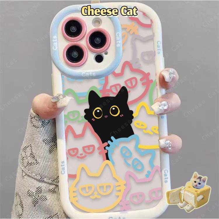 Ốp lưng mèo đen đường kẻ nhiều màu sắc cho iPhone 14 13 12 11 15 16 17 Pro Max XR 7 Plus Vỏ bảo vệ silicon có dây buộc