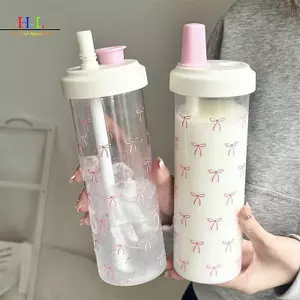 HL 500 / 700ML Ống Hút Nước Có Nắp Nơ Cốc Cà Phê Trà Sữa Cốc Nhựa Cho Trường Học Ngoài Trời Bình Nước Uống Bé Gái Quà Tặng LMWU