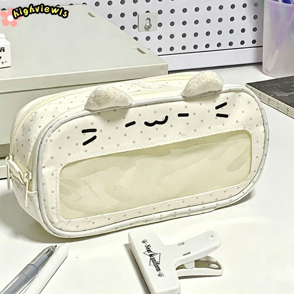 Bút Chì HIGHVIEWLS, Túi Đựng Bút Chì Họa Tiết Mèo Hai Lớp, Kawaii Di Động Với Cửa Sổ Hiển Thị Ita Túi Đựng Bút Dung Tích Lớn Văn Phòng Trường Học
