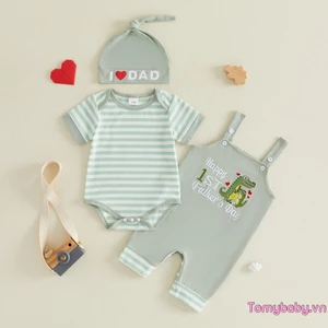 Trang phục bé trai Áo liền quần ngắn tay sọc + Quần thêu tổng thể + Mũ Bộ 3 món mùa hè
