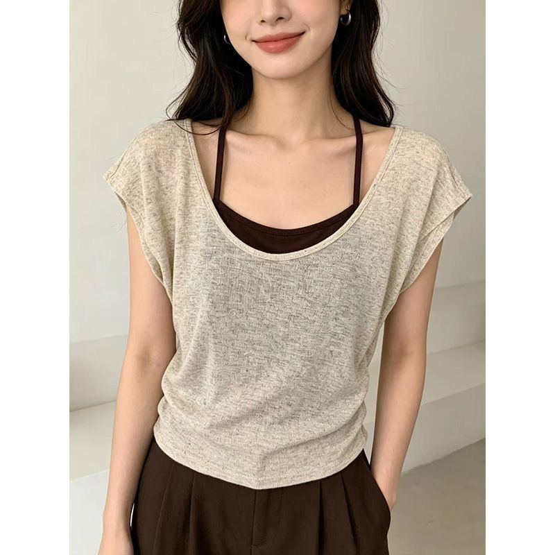 Milyfashion Giả Hai Mảnh Tay Ngắn + Dây Sling Cổ Chữ U Lớn Áo Thun Ngắn Tay Slim-Fit Sli